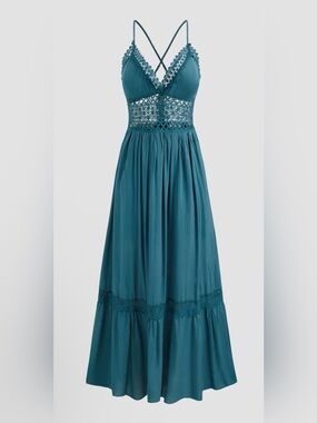 Cider Teal Blue Solid Lace Trim Tiered Maxi Dress.  Sz Small